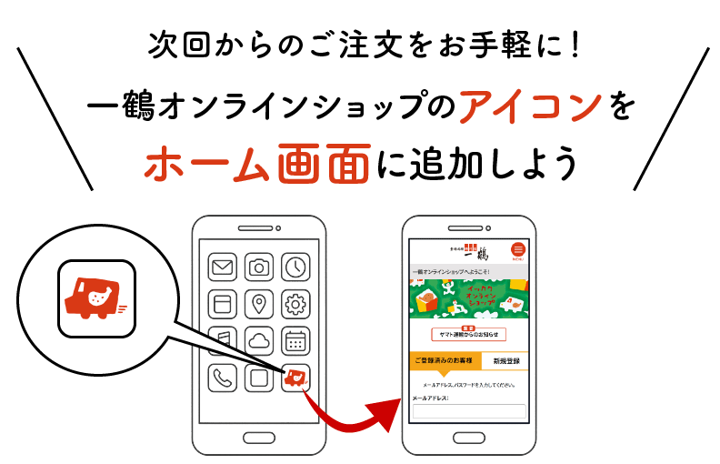 一鶴オンラインショップのアイコンを
    ホーム画面に追加しよう！アイコンから手軽にオンラインショップにアクセス